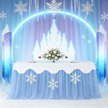 Imagem de Windkream 5 toalhas de mesa de princesa do gelo, saia de mesa de tule azul e branca com floco de neve, 76 x 272 cm, capa de mesa de princesa azul para decoração de festa de aniversário