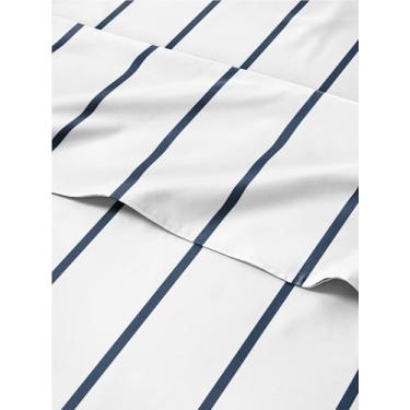 Imagem de Jogo de lençol listrado azul marinho com 3 peças para cama solteiro GG – lençol de cima luxuoso 166 x 102, lençol com elástico 99 x 203 cm e 1 fronha 50 x 76 cm – lençol alto, lençóis azuis e brancos