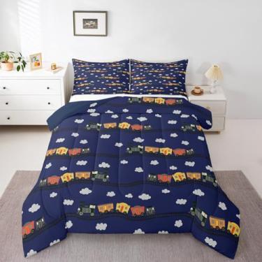 Imagem de Erosebridal Jogo de cama queen, trem marinho, locomotiva, trem a vapor, para crianças, fofo, nuvem, transporte, carros, 3 peças