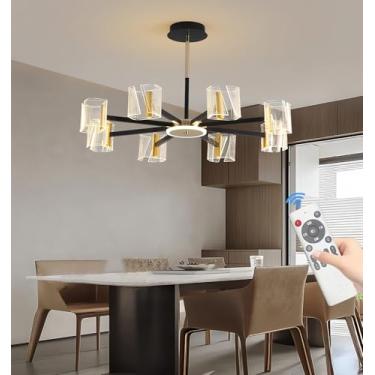 Imagem de Luminária de teto pendente LED moderna em acrílico para sala de estar, nas cores preto e dourado, com altura ajustável, controle remoto, dimerizável, 80W, para uso interno, em metal (Ø76CM)