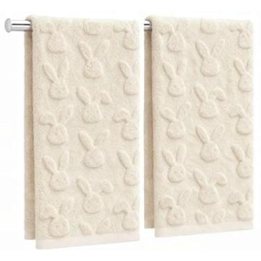Imagem de Whaline Toalhas de mão coelhinho da páscoa 3D bege coelho jacquard algodão toalha de banho absorvente toalha de banho para cozinha, secagem de louça, limpeza, cozinhar, 75 x 33,4 polegadas, 2 peças