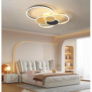 Imagem de Luminária de teto LED moderna para sala de estar, lustre com regulagem de intensidade e controle remoto (3000k-6500k), 80w, alta potência, luminosidade, ideal para quarto (dourada, 80cm)