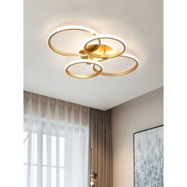 Imagem de Luminária de teto LED moderna com design de anel redondo, dourada, dimerizável, luminária de teto embutida, luminária decorativa moderna de metal para quarto, sala de jantar, escritório, com