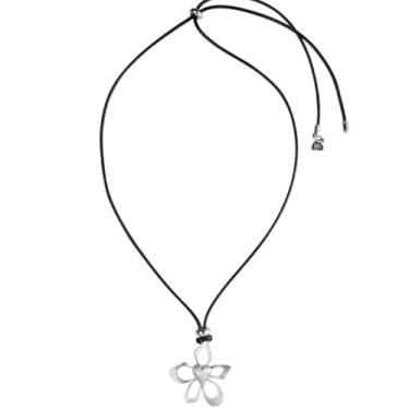 Imagem de Gargantilha de flor oca para mulheres, boho prata e corda de couro preto ajustável gargantilha floral vintage flor clavícula colar joia presente