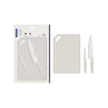 Imagem de Conjunto de Facas e Tábua de Corte Tramontina Plenus em Aço Inoxidável - Off-White - 3 Peças