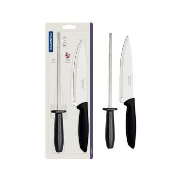 Imagem de Conjunto Faca Chef e Chaira Tramontina Plenus Preto - 2 Peças