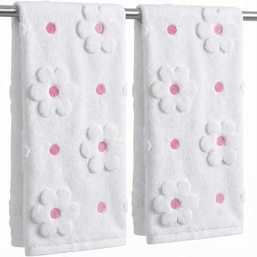 Imagem de Mindsoft 2 peças de toalhas de mão margaridas para banheiro toalhas de mão coquete 100% algodão absorvente decorativo jacquard trançado decoração de banho presente de decoração de banheiro (rosa)