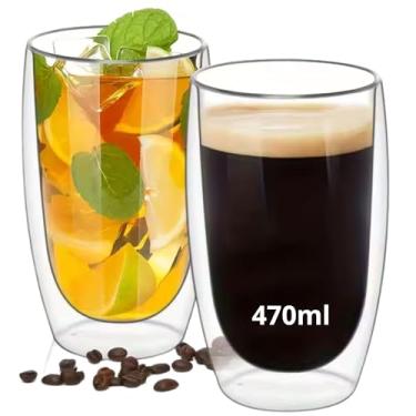 Imagem de Kit Com 2 Copos De Vidro Com Parede Dupla em Borossilicato Para Café Chá Bebidas Resistente, Suporta Altas e Baixas Temperaturas, Não Queima as Mãos 470ml