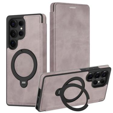 Imagem de POYUFRG Capa magnética para Samsung Galaxy S26 Ultra/S26 Plus/S26, capa flip fina de couro executivo com suporte de anel de metal e compartimentos para cartões, cinza, S26 Ultra