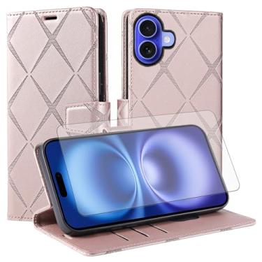 Imagem de Asuwish Capa de telefone para iPhone 16 6,1 polegadas com protetor de tela de vidro temperado PU couro sintético flip porta-cartão de crédito slot suporte robusto celular i Phone16 i16 16 capa