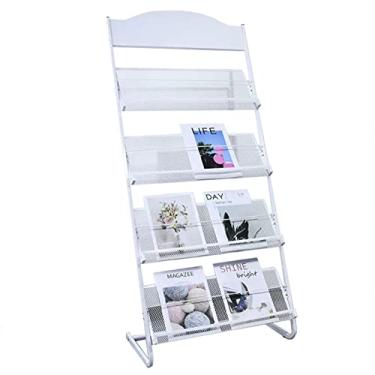Imagem de ZDJZMGZ Suporte de jornal, suporte de revistas de chão, suporte de armazenamento de folhetos de chão, expositor de literatura de catálogo de metal portátil, rack multiuso (branco)