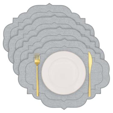 Imagem de Jogo americano oval de linho de algodão, conjunto de 4, tapetes de mesa HADEEONG de pano, lavável resistente a rugas, jogo americano de tecido recortado e bordado, 45 x 35 cm (cinza claro, 4)