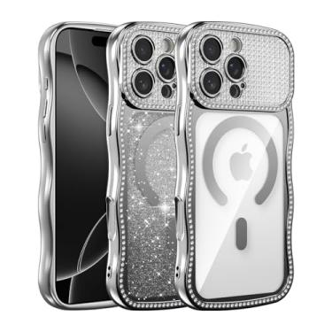 Imagem de UCASONG Capa transparente magnética para iPhone 13 Pro Max de 6,7 polegadas com cartão de glitter gradiente, linda moldura ondulada encaracolada com strass brilhante, compatível com MagSafe, capa de