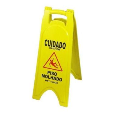 Imagem de Placa Sinalizadora Cuidado Piso Molhado Amarela 1 Unidade - jsn