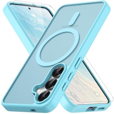 Imagem de Vansdon Capa para Samsung Galaxy S24 / S25, compatível com MagSafe, capa protetora fina fosca translúcida magnética com 1 protetor de tela - proteção contra quedas de nível militar (azul claro)