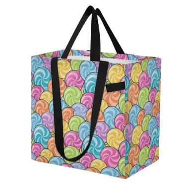 Imagem de SEHANY Sacolas de compras reutilizáveis de pirulito colorido com alças reforçadas, bolsa de compras de lona dobrável à prova d'água de grande capacidade para viagem, cozinha, praia