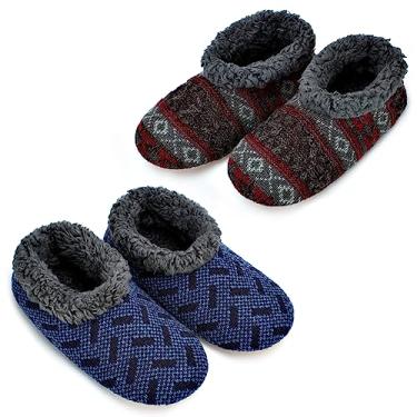 Imagem de 2 pares de meias masculinas felpudas de ovelha forradas, conjunto de meias quentes de tricô de inverno com solas antiderrapantes, chinelos confortáveis e macios para uso interno com parte inferior aderente, 2 pares de malha azul-marinho e carvão, 10-11