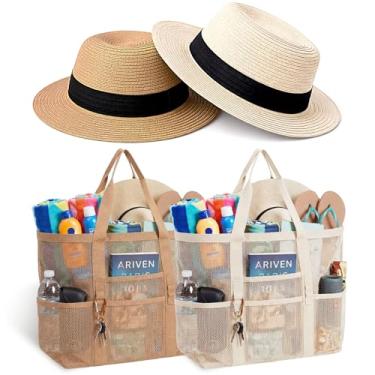 Imagem de Sadnyy Conjunto de 4 peças de bolsas de praia de chapéu de palha de aba larga para mulheres, bolsas de praia grandes de malha, chapéus de sol Fedora para férias, bege, cáqui, tamanho �nico