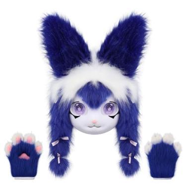 Imagem de CROOOLTRRY Conjunto engraçado de máscara e patas para cosplay adulto, anime, Halloween, gato de Cheshire, raposa, baile de máscaras, Azul e branco, G