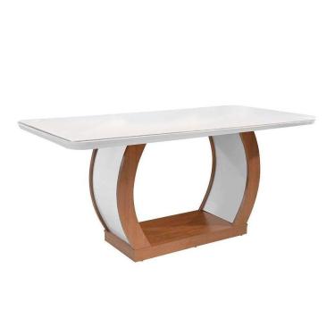 Imagem de Mesa Para Cozinha Jade + Tampo Madeirado Vidro Curvo 180x90cm Imbuia-off White - Rufato