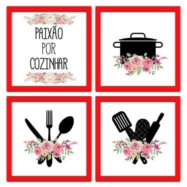 Imagem de Conjunto Quadros Decorativos 4Pç 20X20 Paixão Por Cozinhar 2 Titulo Moldura Vermelha