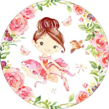 Imagem de Painel de Lona Redondo Bailarina Rosa com Flores Aquarela - Fabrika De