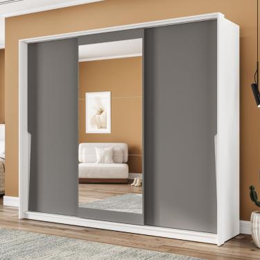 Imagem de Guarda Roupa Casal com Espelho 3 Portas de Correr Porto Politorno - Branco/Cinza