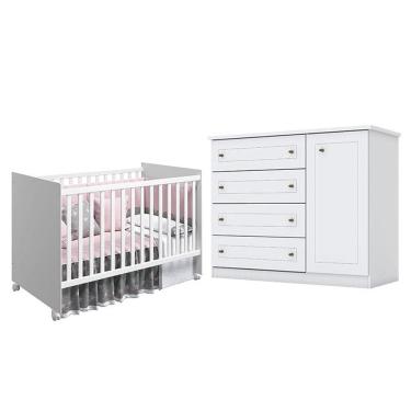 Imagem de Berço Nacional Mel Branco Acetinado - Reller e Cômoda Infantil Americano Branco HP - Henn