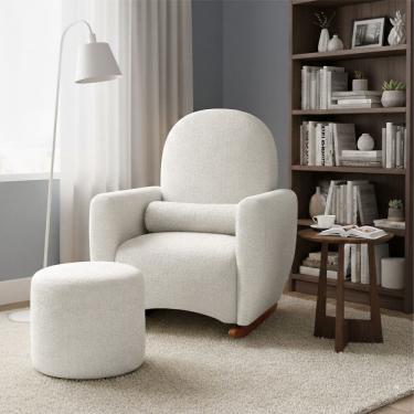 Imagem de Poltrona Amamentação de Balanço com Puff Lara Estrutura Reforçada Design Orgânico Chenille Off White