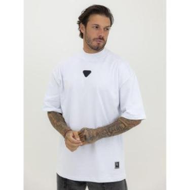 Imagem de Camiseta Oversized Gola Alta Borracha Triângulo All Black Streetwear Algodão Premium Branco-Masculino