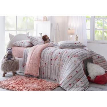 Imagem de Edredom Solteiro Dupla Face  Infantil Happy Day Meow Gatos Rosa e Cinz