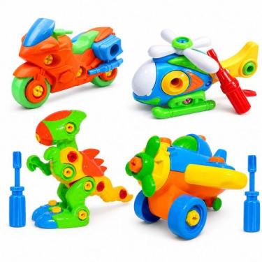 Imagem de Coleção 4 Brinquedos Pedagógicos Moto Avião Dino Rex e Helicóptero de 