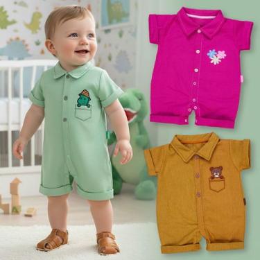 Imagem de Macacão Camisa Ecolinho Bordado 3d Para Bebês Até 12 Meses Cor:pinkTam