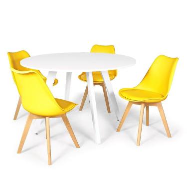 Imagem de Conjunto Mesa de Jantar Redonda Amanda Branca 120cm com 4 Cadeiras Eiffel Leda - Amarelo