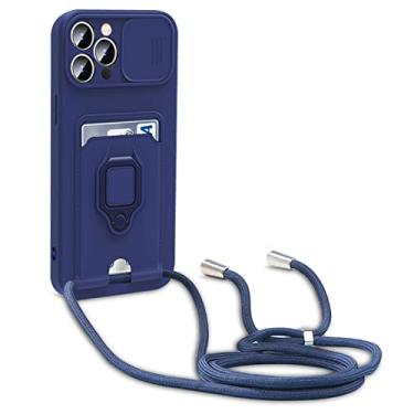 Imagem de Capa para iPhone 14/14 Pro/14 Plus/14 Pro Max, capa traseira fina, capa deslizante de proteção de lente, cordão, anel giratório, slot para cartão, capa TPU à prova de choque, azul, 14 plus 6,7 polegadas