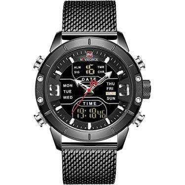 Imagem de SUKPETA Relógio masculino analógico digital com pulseira de malha de aço inoxidável, relógio esportivo à prova d'água com alarme, relógio de pulso de horário duplo militar, Preto,