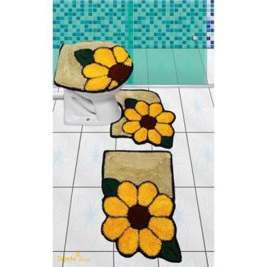 Imagem de Jogo De Tapetes Para Banheiro Flores Amarelas Com Bege -Frufru - Tapet