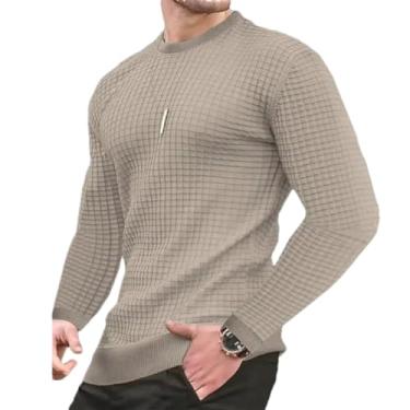 Imagem de KANG POWER Suéter masculino de algodão com gola redonda slim fit casual de malha camiseta masculina de manga longa, Caqui, Small