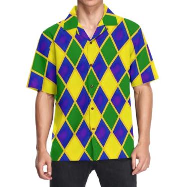 Imagem de CHIFIGNO Camisas havaianas masculinas folgadas estampadas com botões camisas casuais manga curta tropical férias camisetas de praia, Mardi Gras, amarelo, verde, roxo, GG