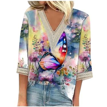 Imagem de Camiseta feminina de manga 3/4, moda de verão, gola V 2024, estampa floral, blusa elegante, túnica casual, #17 multicolorido, G