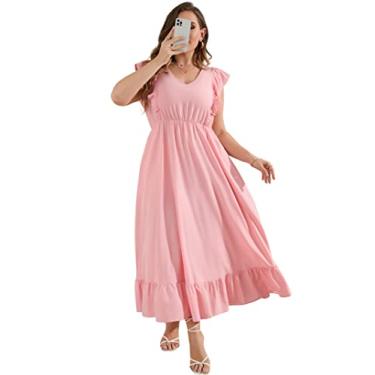 Imagem de KOJOOIN Vestido feminino plus size de verão com bolso com babados, sem mangas, decote em V, fenda lateral, vestido longo de praia, Rosa - 1, XGG