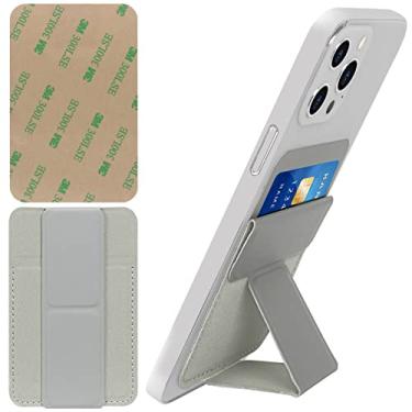 Imagem de WWW Suporte para cartão com suporte para parte de trás do telefone, suporte seguro na carteira, suporte de cartão de crédito de couro PU para celular com adesivo adesivo 3M para smartphones, cinza