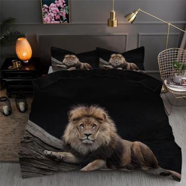 Imagem de Jogo de cama solteiro preto com leão, conjunto de 3 peças para decoração de quarto, capa de edredom de microfibra macia 168 x 232 cm e 2 fronhas, com fecho de zíper e laços