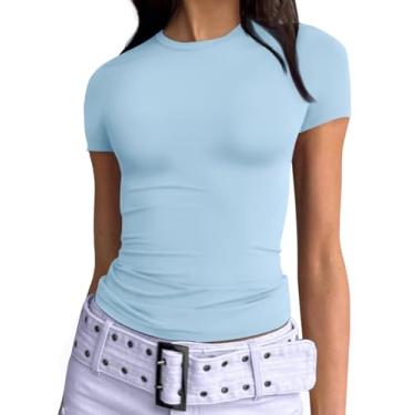 Imagem de Trendy Queen Camisetas femininas básicas de gola redonda manga curta tops bonitos de verão camisetas slim fit roupas Y2k 2024, Azul bebê, PP