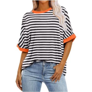 Imagem de Camisetas femininas estampadas listradas de verão camisetas básicas de manga curta túnica colorida casual moderna, Bk1, M