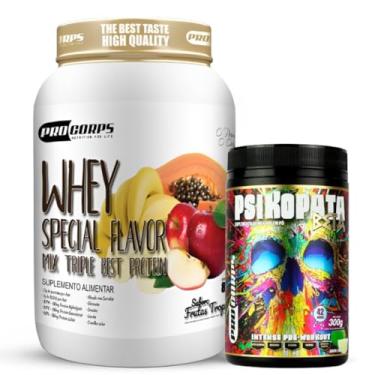Imagem de Whey Protein 840g - 21g Proteína - Zero Açúcar + Pré Treino Psikopata Beta Limão 300g - Pro Corps (840g, Frutas Tropicais)