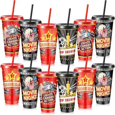 Imagem de Uiifan Copo de plástico com tampa e canudo, 12 peças, copos reutilizáveis de 680 g, presentes para crianças, homens, mulheres, artigos de festa de aniversário, lembrancinhas (noite de cinema)