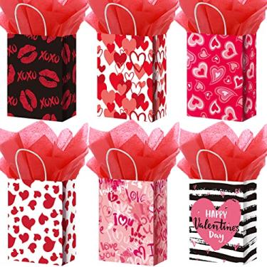 Imagem de 24 Pcs Valentines Day Gift Bag Valentines Kraft Paper Bags with Red Tissue Paper Heart Shaped Treat Goodies Bag Wrapping for Wedding Valentines Party Favor Decorations Kids Classroom Exchange Prizes