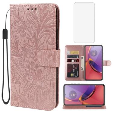 Imagem de Gufuwo Capa para Moto G84, Motorola G84 XT2347 Capa carteira com protetor de tela de vidro temperado, flor de renda, couro PU, flip com suporte para cartão de crédito, capa para celular para Motorola
