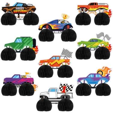 Imagem de Chivertion 9 peças de decoração de festa de aniversário de caminhão monstro enfeites de carro favo de mel dupla face 3D Blaze Wheels caminhão mesa temática centro de mesa para decoração infantil
